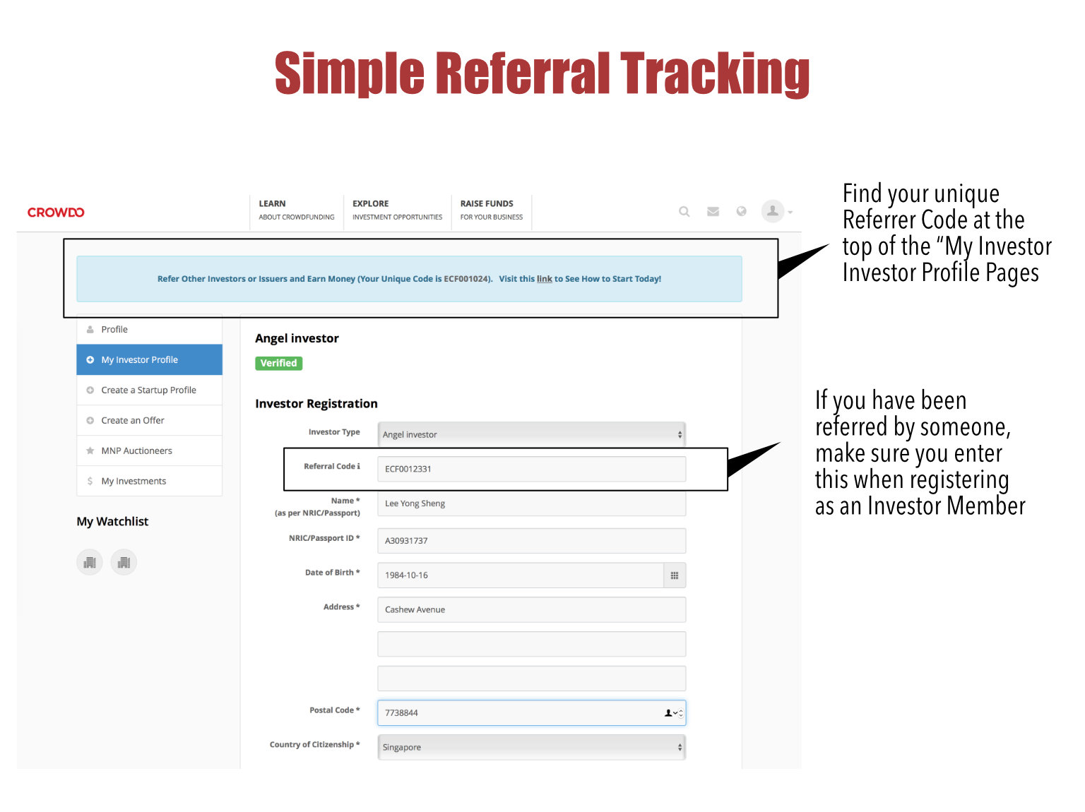 investor referral tracking